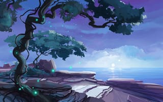 Картинка арт, дерево, ночь, нарисованный пейзаж, море, луна