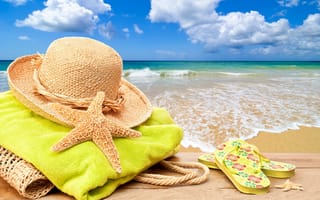 Картинка summer, bag, sea, hat, accessories, пляж, starfish, sun, vacation, towel, море, лето, отдых, солнце, каникулы, beach