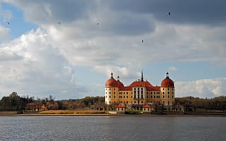 Картинка Германия, небо, озеро, птицы, деревья, тучи, замок, Морицбург, осень