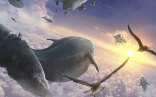 Картинка небо, киты, летят, flying whales, облака