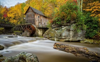 Картинка США, мостик, осень, ручей, камни, лес, Babcock State Park, водяная мельница