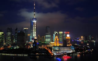 Картинка Cities, дома, ночь, высотки, яхты, Китай, панорама, река, China, огни, стройка