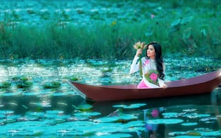 Картинка девушка, озеро, азиатка, лодка