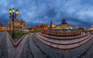 Картинка Манежная площадь, Москва, Россия, вечер, фонтан Часы мира, фонари