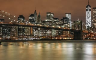 Обои New York City, панорама, США, огни, небоскребы, вид, город, высотки, дома, мост, ночь, NYC, Нью-Йорк, USA, здания