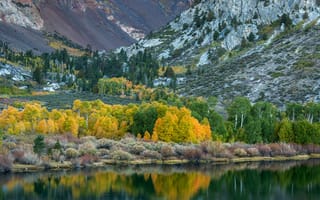 Картинка горы, озеро, деревья, камни, осень
