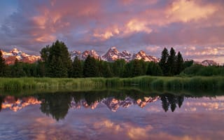 Картинка США, Национальный парк Гранд-Титон, горы, отражение, штат Вайоминг, лето, утро