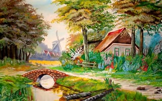 Обои картина, ручей, дом, цветы, пейзаж, мост, деревья, рисунок