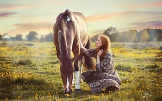 Картинка девушка, конь, поле