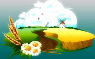 Картинка вектор, колосья, ромашки, природа, поле, мельница, птицы, облака, цветы, небо