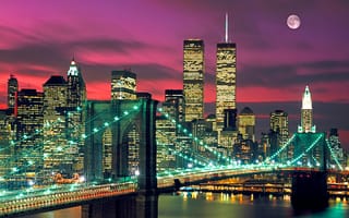 Картинка нью-йорк, огни, сша, луна, небо, дома, мост, башни