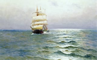 Картинка Alfred Jansen, небо, море, картина, пейзаж, корабль, паруса