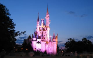 Картинка USA, night, Диснейленд, Cinderella castle, Walt Disney, Замок Золушки, Florida, ночь, сказка, США, lanterns, fairytale, фонари, Уолт Дисней, Disneyland, Orlando