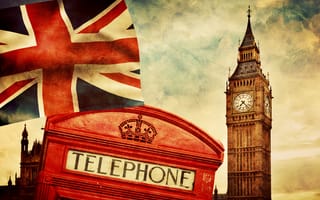 Картинка London, british flag, England, Лондон, vintage, symbol, telephone, Англия, Big Ben