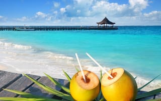 Картинка tropical, пляж, кокосы, лето, море, coconut, paradise, sea, коктейли, beach, drinks