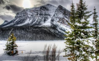 Картинка Канада, зима, скалы, горы, деревья, тучи, снег, лес, Банф, Banff National Park, обработка