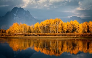 Обои осень, отражение, озеро, природа, горы, деревья