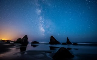 Картинка Milky Way, фары, Bandon Beach, USA, lights, Oregon, США, пляж, Млечный путь, штат Орегон, beach, Бэндон Бич