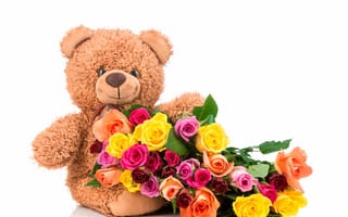 Картинка Teddy, flowers, roses, colorful, розы, with love, bear, мишка