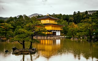 Картинка горы, речка, Kyoto, леса, пагода, Япония, деревья, дом
