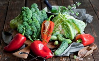 Картинка капуста, перец, красный, брокколи, зелень, огурцы, овощи, соль, ножницы