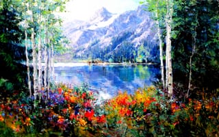 Картинка катрина, горы, озеро, пейзаж, цветы, весна, деревья