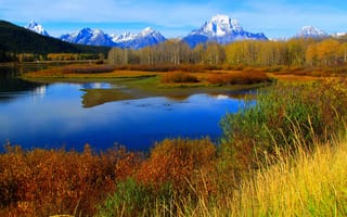 Картинка grand teton national park, озеро, река, США, трава, деревья, горы, осень, Вайоминг, снег