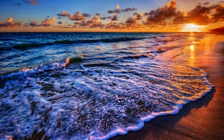 Картинка море, песок, облака, прибой, солнце