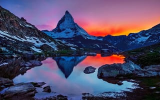 Картинка горы, небо, свет, краски, рассвет, природа, снег, отражение, озеро