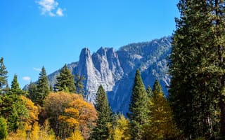 Обои осень, скалы, деревья, горы, лес, солнце, Калифорния, США, Yosemite National Park, небо, голубое, Национальный парк Йосемити