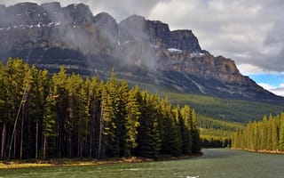 Картинка Канада, горы, тучи, деревья, скалы, Банф, лес, река, солнце, Bow River