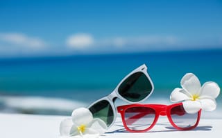 Картинка summer, glasses, beach, plumeria, flowers, sea, tropical, sun, blue sky, accessories, vacation