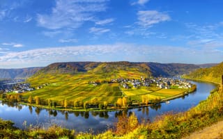 Картинка пейзаж, поля, небо, Beilstein, природа, Германия, дома, река, город