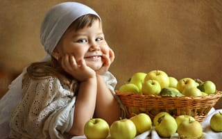 Картинка девочка, яблоки, текстура, улыбка, настроение