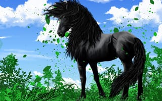 Картинка арт, листья, взгляд, черный, животное, облака, трава, грива, небо, зеленая, конь
