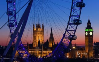 Картинка London Eye, Big Ben, вечер, башня, Лондон, London, Palace of Westminster, колесо