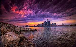 Картинка Detroit, камни, облака, небо, закат, город, река, Детройт, здания, небоскребы, USA, США