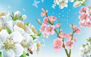 Картинка весна, вектор, пчела, ветки, цветы
