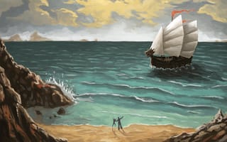 Картинка арт, корабль, ожидание, море, люди, нарисованный пейзаж