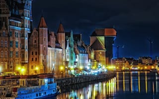 Картинка Польша, город, речка, Gdansk, теплоход, дома, канал, огни, ночь