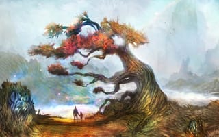 Обои арт, дерево, мужчина, мальчик, туман
