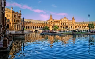 Картинка Севилья, Испания, небо, дворец, мост, вода