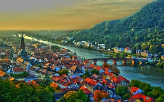 Картинка Хайдельберг, мост, небо, закат, река, панорама, дома, горы, Германия