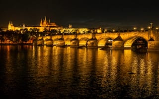 Картинка Прага, мост, Чехия, Влтава, собор Святого Вита, ночь, огни, река