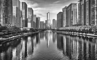 Картинка Чикаго, вода, здания, Иллиноис, река, город, небоскребы, черно-белое