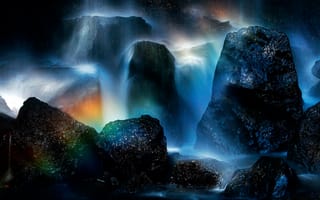 Картинка камни, скалы, поток, радуга, брызги, водопад