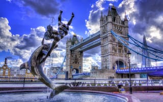 Картинка лондон, фонтан, англия, мост, hdr, облака, небо