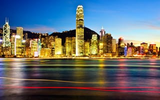 Картинка Hong Kong, город, КНР, ночь, подсветка, Гонконг, огни, небоскребы, Китай, гавань, Азия