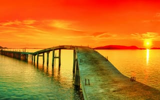 Картинка Панорама, закат, мост, красное