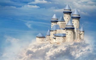 Картинка castle, замок, облака, голубой, небо, башни